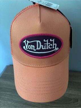 Von Dutch Peach Mesh Logo Trucker Hat with Pink & Purple Patch